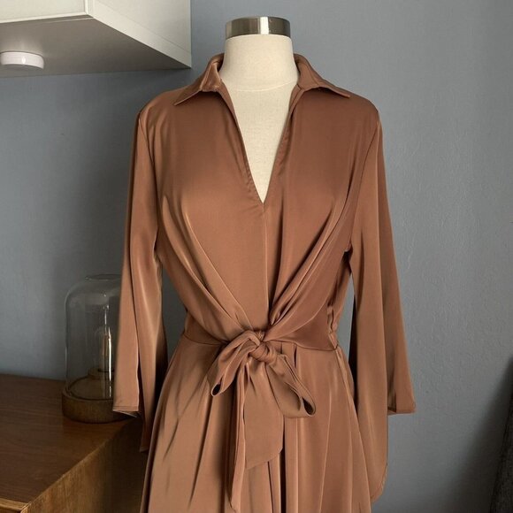 Strut & Bolt Candace Kimono Mini Dress Brown Front Tie - Picture 2 of 6